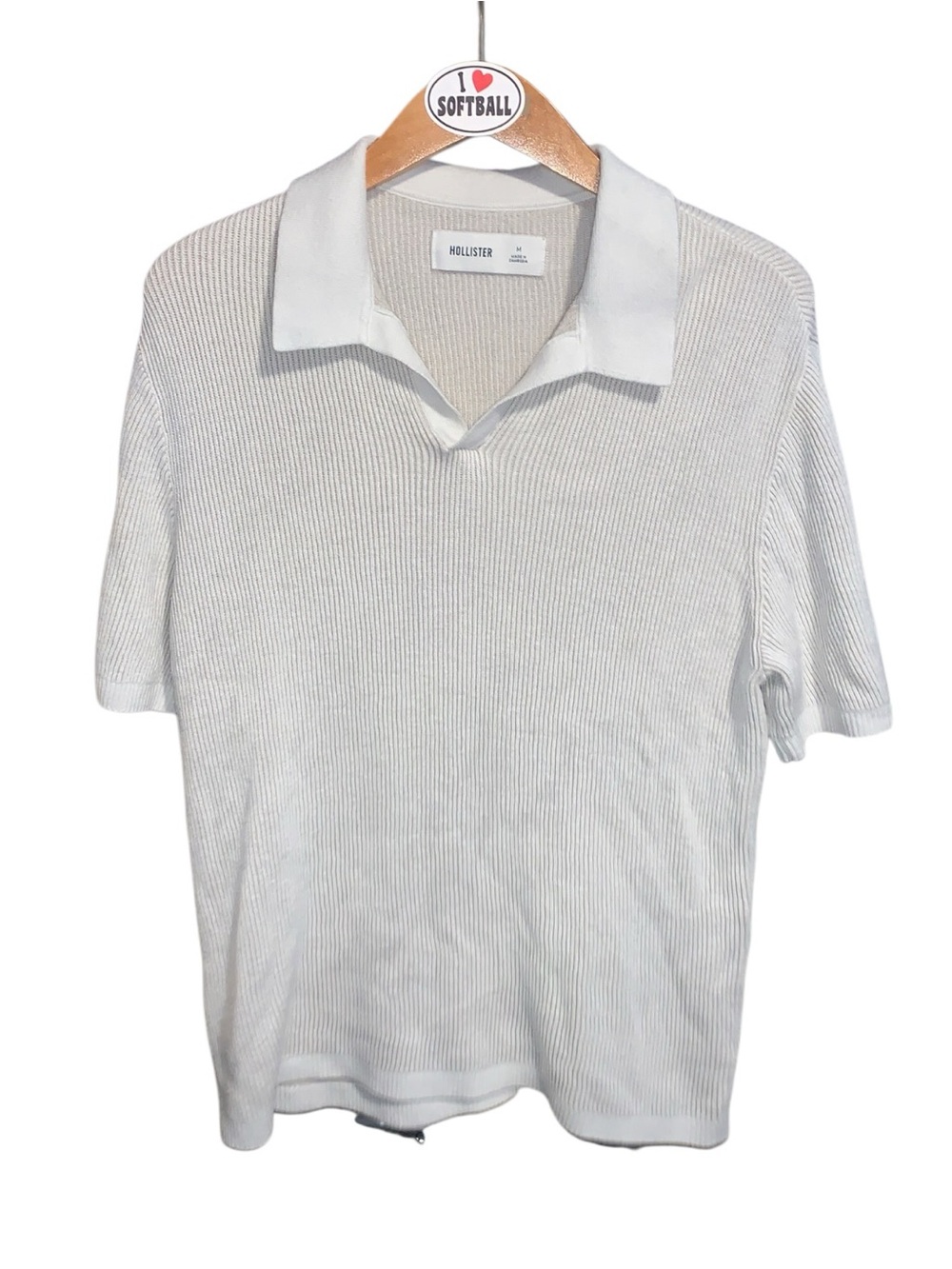 Hollister Boxy Short-Sleeve Sweater Polo Off White Ribbed Knit